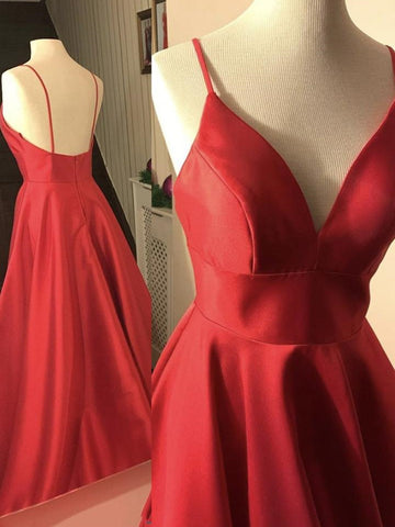 A Line Backless V Neck Satin Long Prom, Formal, Evening Dresses