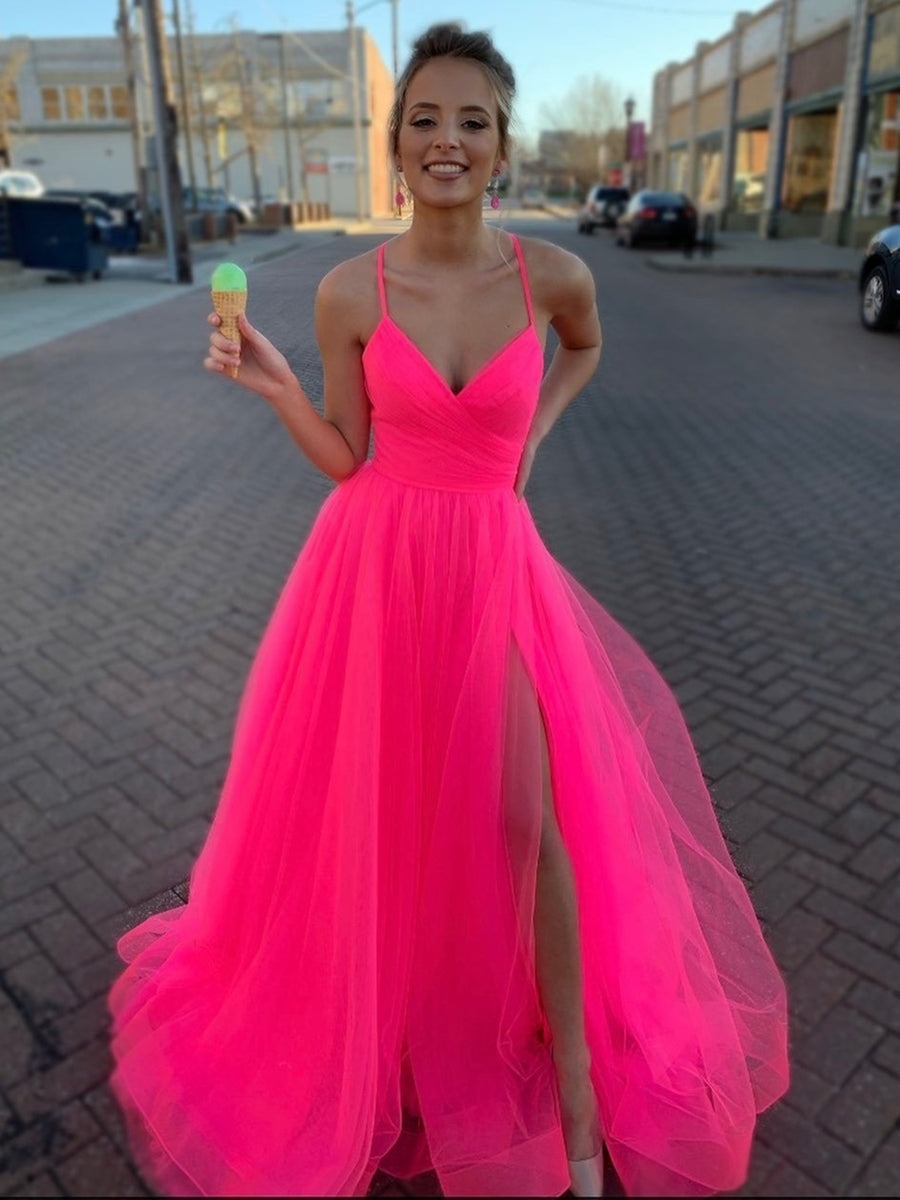 A Line V Neck Tulle Long Prom with High Split,  Formal, Evening Dress