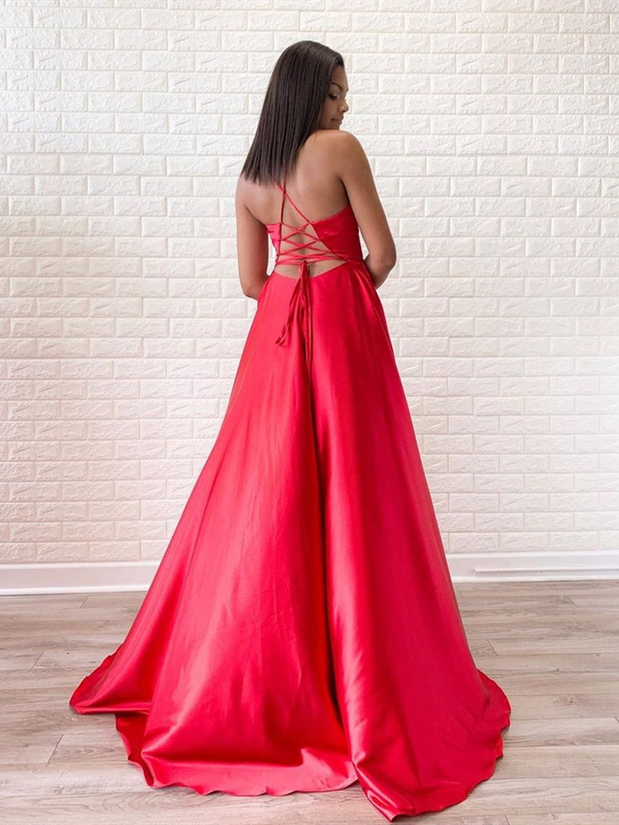 A Line V Neck  Satin Long Prom with Slit,  Formal, Evening Dress