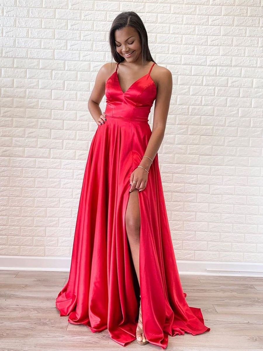 A Line V Neck  Satin Long Prom with Slit,  Formal, Evening Dress