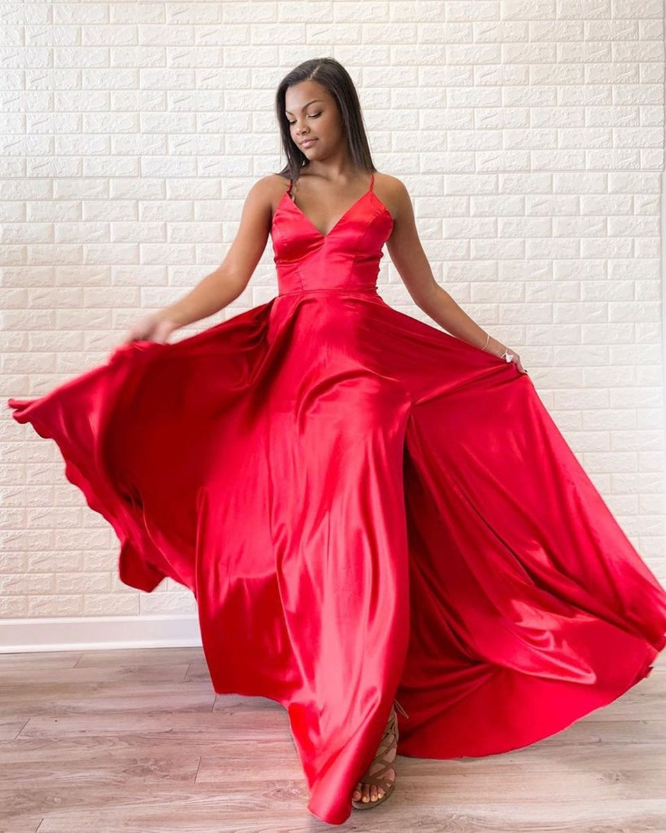 A Line V Neck  Satin Long Prom with Slit,  Formal, Evening Dress
