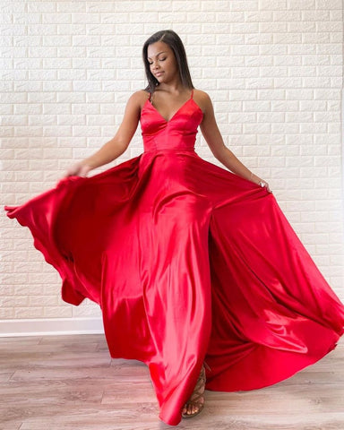 A Line V Neck  Satin Long Prom with Slit,  Formal, Evening Dress