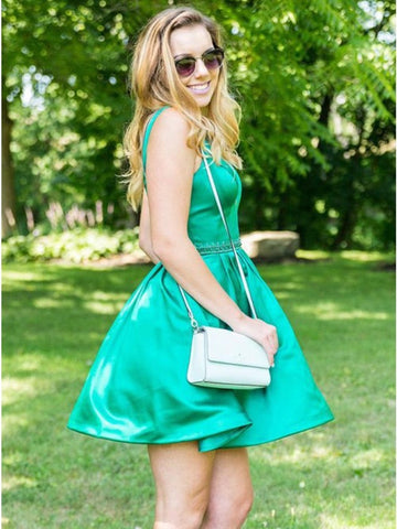 Simple  Round Neck Satin Short Prom, Cute Homecoming,  Formal, Evening Dress