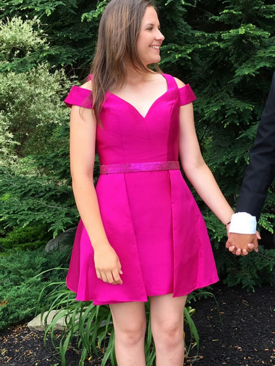 Off the Shoulder Satin Short Prom, Formal Graduation Homecoming Dresses