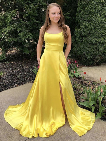 Scoop Neck Long Satin  Prom with Slit, Formal Graduation Evening Dresses