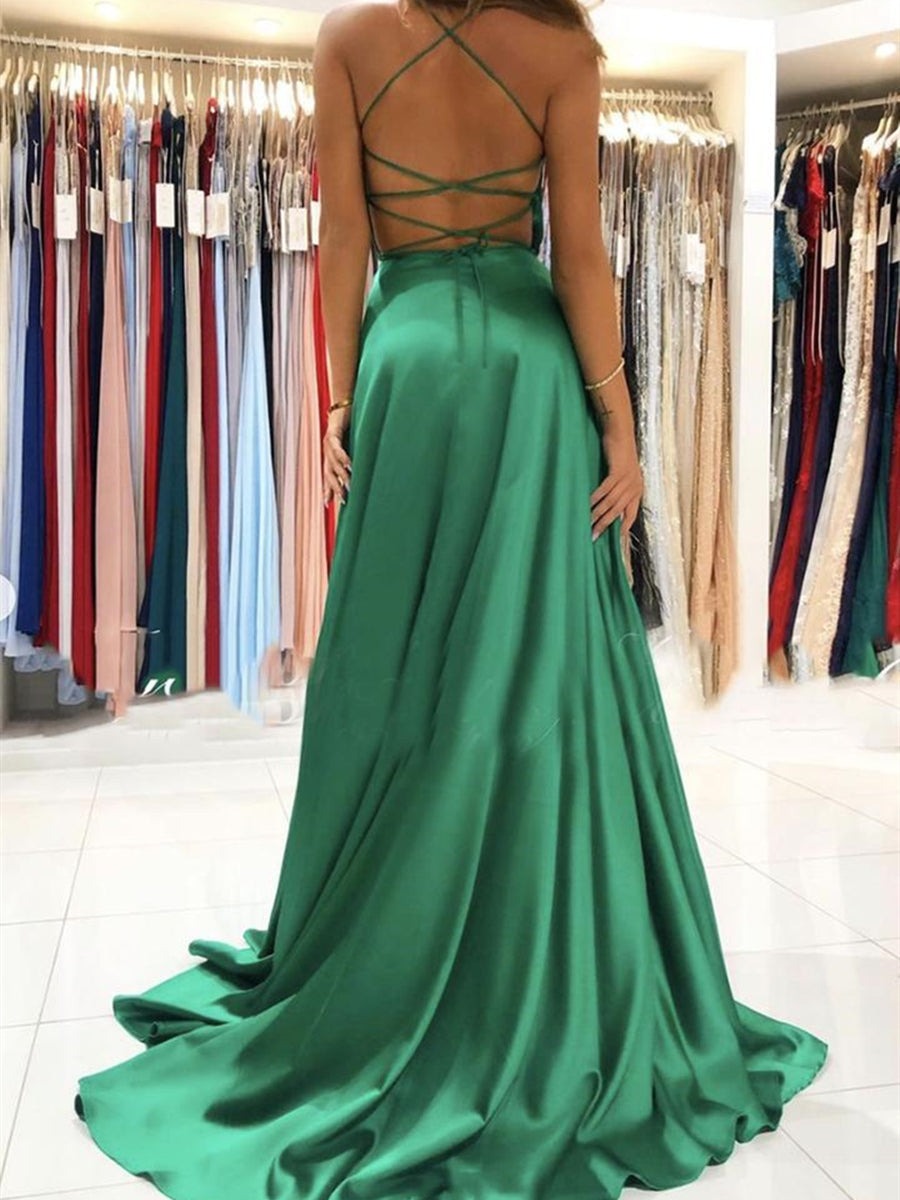 Simple Backless V Neck  Long Prom with High Slit,Formal Graduation Evening Dresses