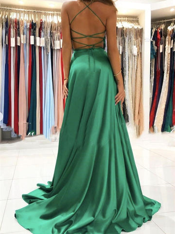 Simple Backless V Neck  Long Prom with High Slit,Formal Graduation Evening Dresses