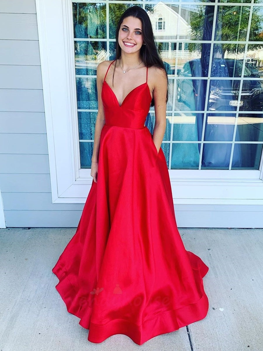 Simple Backless V Neck Long Prom with Pocket,  Formal Graduation Evening Dresses