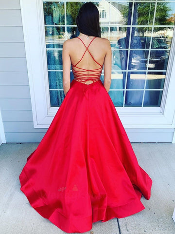 Simple Backless V Neck Long Prom with Pocket,  Formal Graduation Evening Dresses