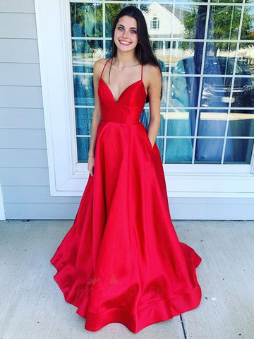 Simple Backless V Neck Long Prom with Pocket,  Formal Graduation Evening Dresses