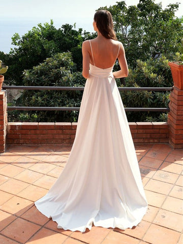Simple V Neck Backless  Satin Long Prom with Slit, Formal, Evening Dresses