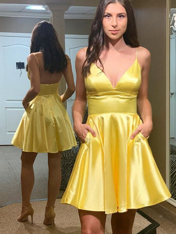 Simple V Neck Backless Satin Long Prom Homecoming,  Formal Graduation Evening