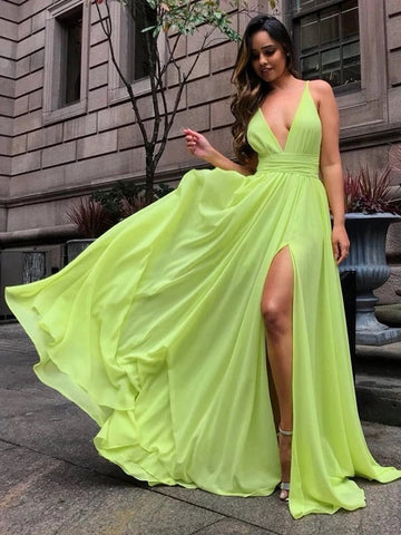 Simple Long  V Neck Chiffon Prom with Slit, Formal, Bridesmaid Dresses