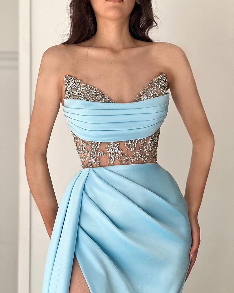 Strapless Beadings Mermaid Prom Dress With Split