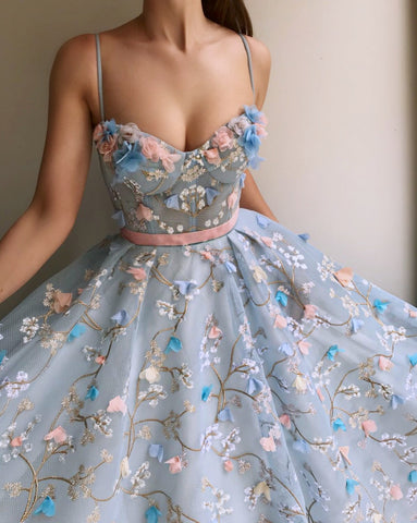 Spaghetti Straps Appliques Long Prom Dress，Evening Dress