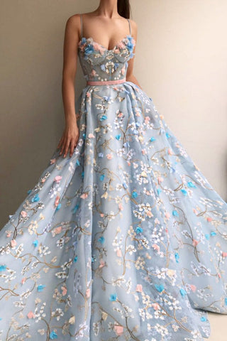 Spaghetti Straps Appliques Long Prom Dress，Evening Dress