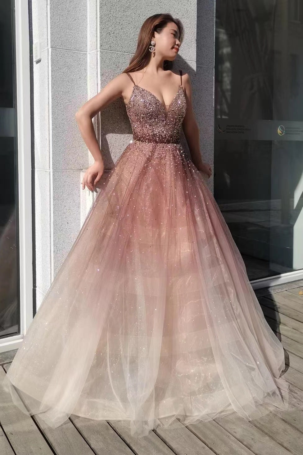 Deep V-Neck Spaghetti-StrapsTulle Prom Dress With Sequins Beads