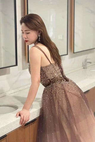 Deep V-Neck Spaghetti-StrapsTulle Prom Dress With Sequins Beads