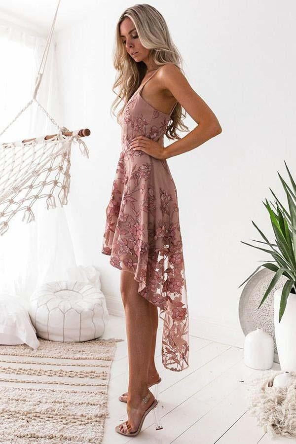 Low Spaghetti Straps High Blush Pink Short Prom Dress