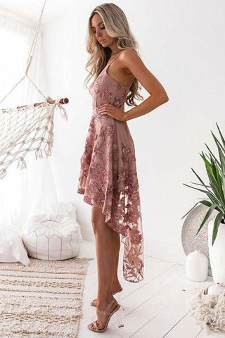 Low Spaghetti Straps High Blush Pink Short Prom Dress