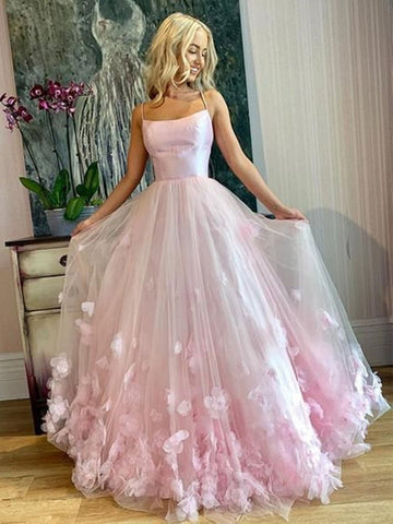 Long Spaghetti Straps Pink Floral  Prom,Formal Evening Dresses
