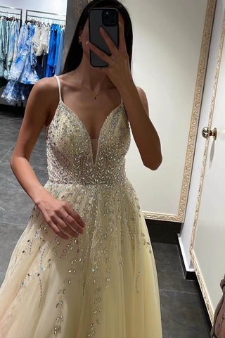 A Line Spaghetti-Straps Tulle Prom Dress With Beadings