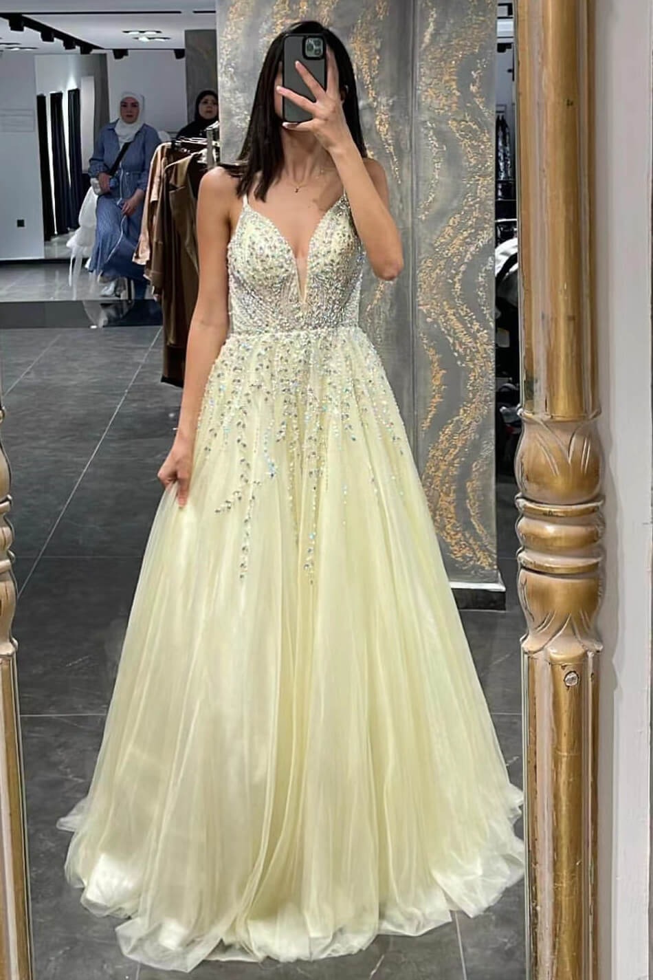 A Line Spaghetti-Straps Tulle Prom Dress With Beadings
