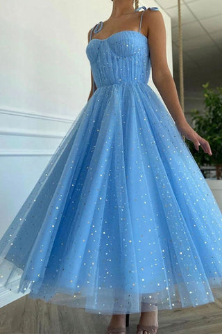 Sparkly A-line Tulle Tea Length  Prom Dress ,Graduation Dress