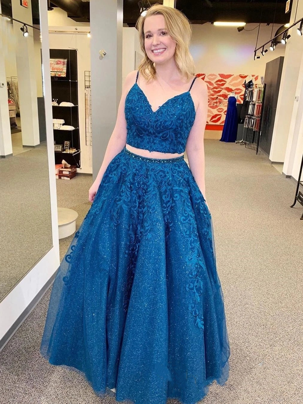 Sparkly A Line Two Pieces V Neck  Lace Appliques  Prom, Formal, Evening Dress