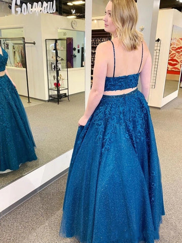 Sparkly A Line Two Pieces V Neck  Lace Appliques  Prom, Formal, Evening Dress