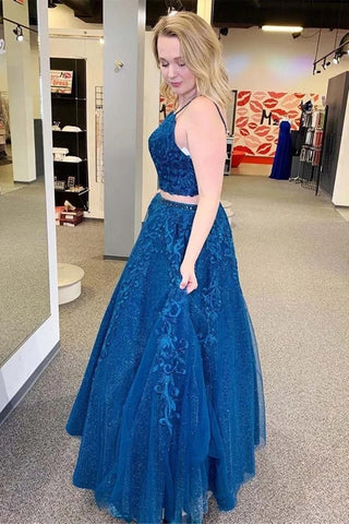 Sparkly A Line Two Pieces V Neck  Lace Appliques  Prom, Formal, Evening Dress