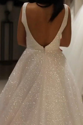 A Line V Neck Wedding Dress Backless Prom Dress