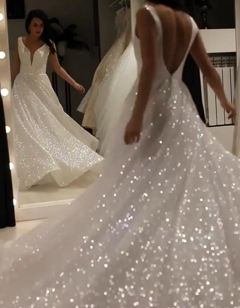 A Line V Neck Wedding Dress Backless Prom Dress