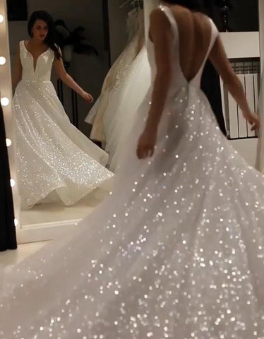 A Line V Neck Wedding Dress Backless Prom Dress