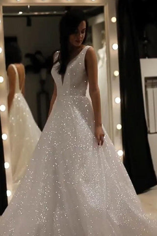 A Line V Neck Wedding Dress Backless Prom Dress
