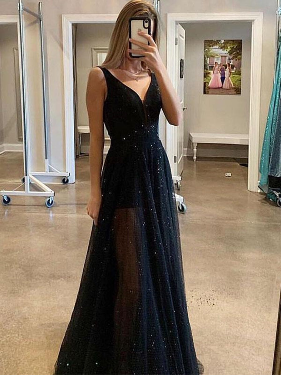 Sparkly  A Line V Neck Sequins Long Prom Dress