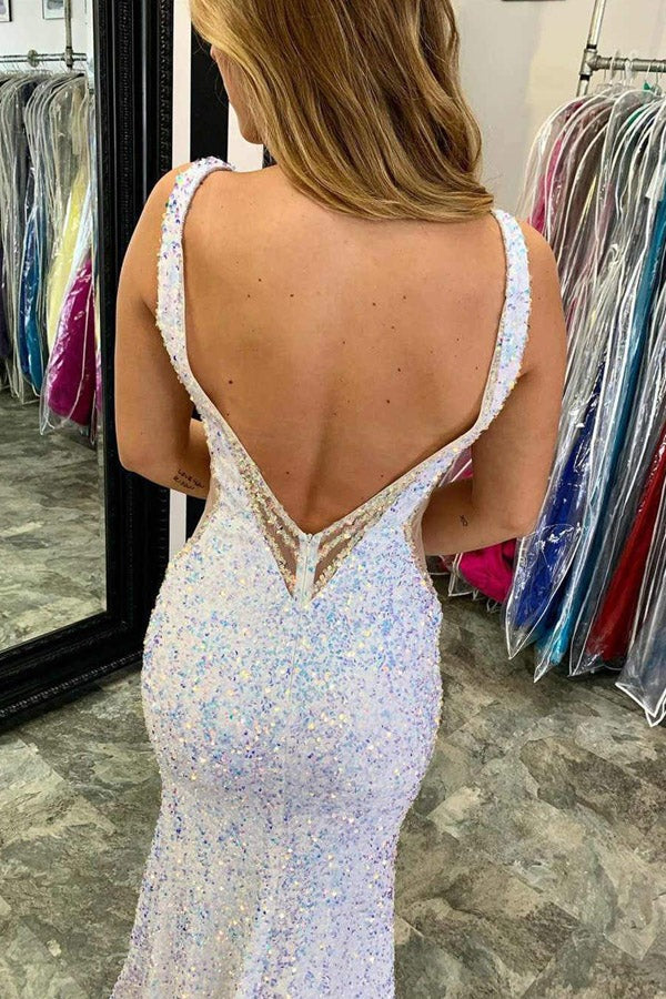 Sparkly V Neck Mermaid  Long Prom Dress With Slit