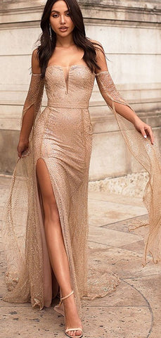 Sparkly Gold Strapless Sequin Prom Dress With Slit