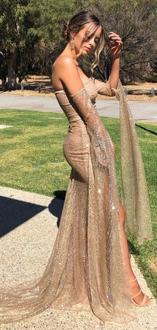 Sparkly Gold Strapless Sequin Prom Dress With Slit