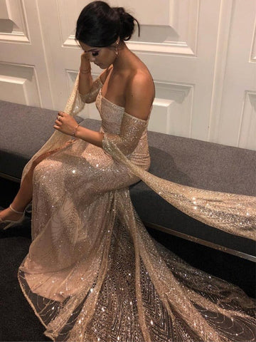 Sparkly Gold Strapless Sequin Prom Dress With Slit
