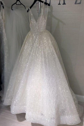 Sparkly Tulle V Neck Backless Long Prom Dress Wedding Dress