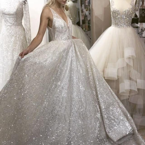 Sparkly Tulle V Neck Backless Long Prom Dress Wedding Dress