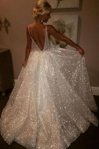 Sparkly Tulle V Neck Backless Long Prom Dress Wedding Dress