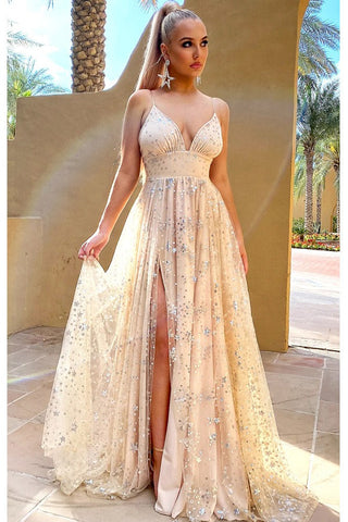Sparkly  Sequins V Neck Tulle Long Prom Dresses Formal Dresses