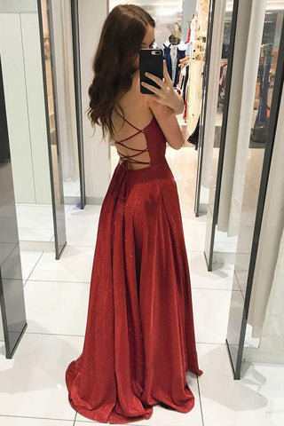 Sparkly Spaghetti Straps V Neck  Long Prom Dress Party Dress