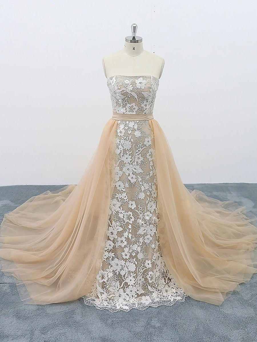 Open Back Strapless Lace Long Prom with Train,  Formal,Evening Dresses