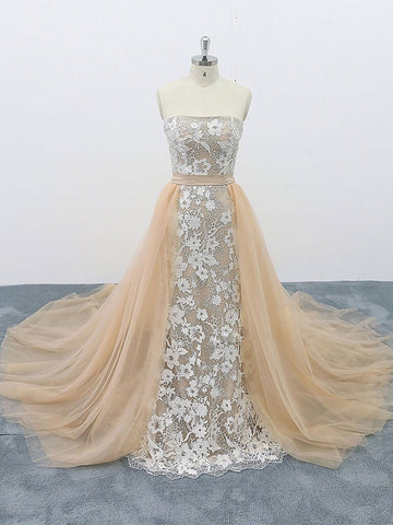 Open Back Strapless Lace Long Prom with Train,  Formal,Evening Dresses