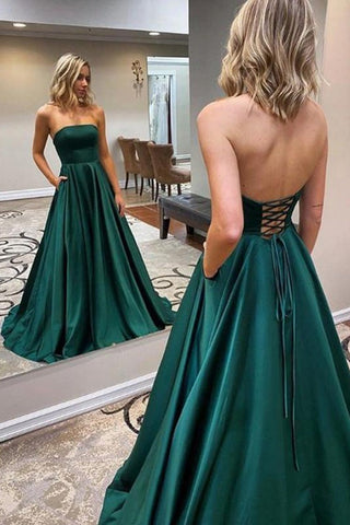 Strapless Satin Lace Up Prom Dress With Pocket