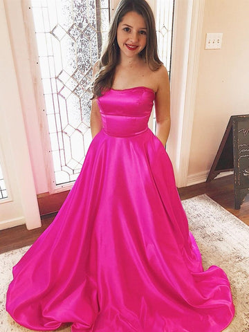 Strapless Long Satin  Prom with Pocket,Formal Evening Dresses