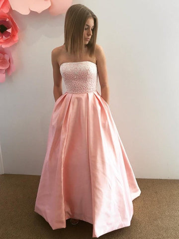 Strapless Long Lace Top  Satin Prom, Strapless Pink Lace Formal,  Evening Dress